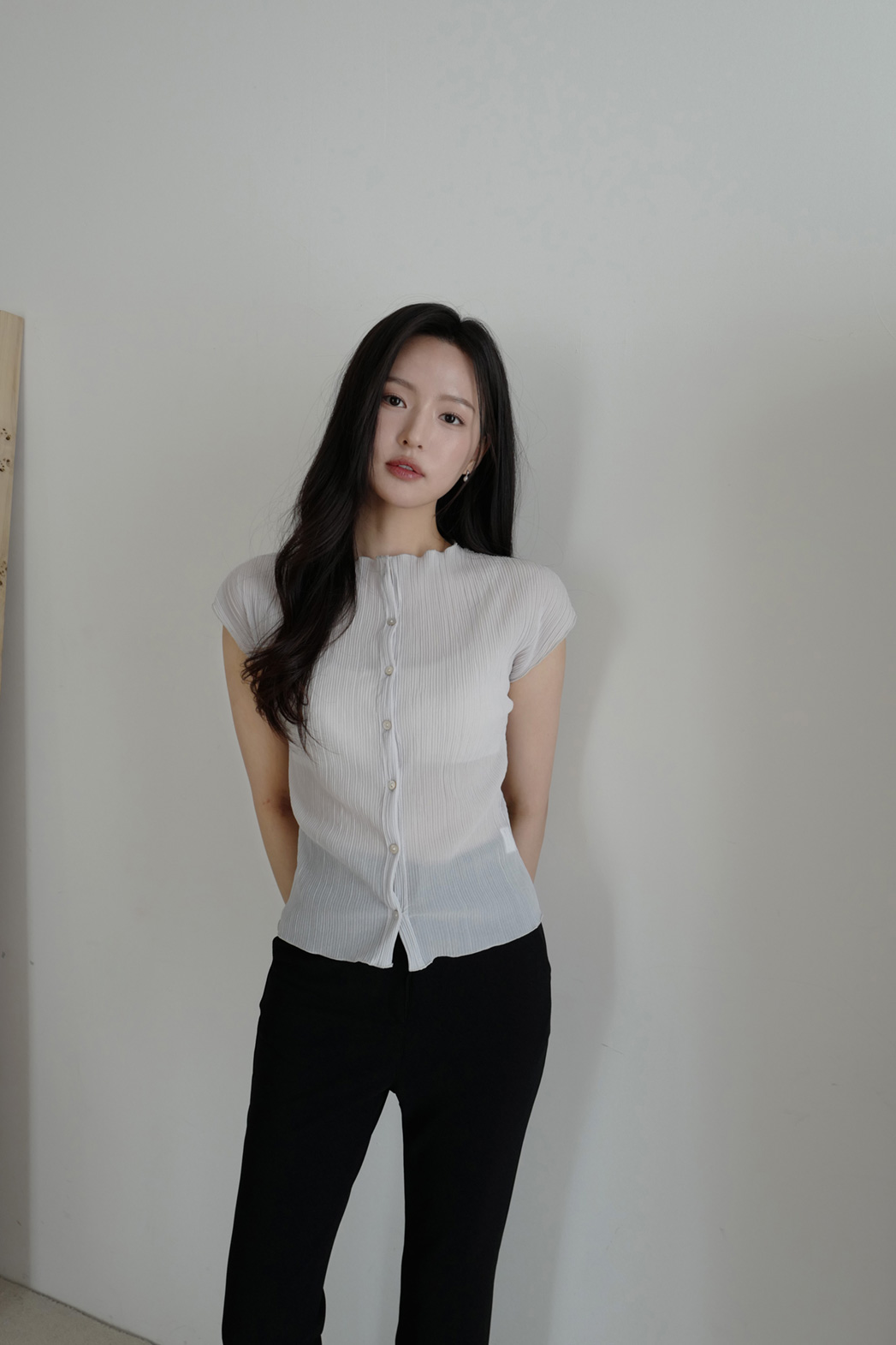 ボタンラウンドネックプリーツフレンチスリーブ無地Tシャツ春夏秋 | DHOLIC | 詳細画像19