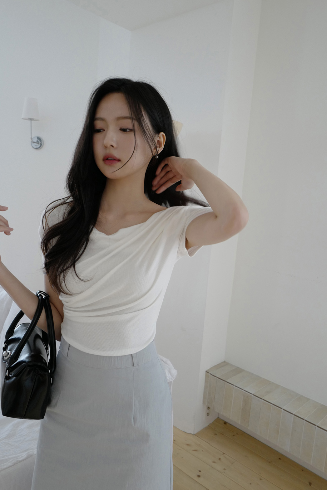 ストレッチドレープ半袖ギャザー無地Tシャツオールシーズン | DHOLIC | 詳細画像14