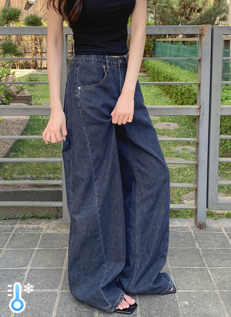 デニムウエストゴムワイドライトブルーディープブルーデニムパンツ