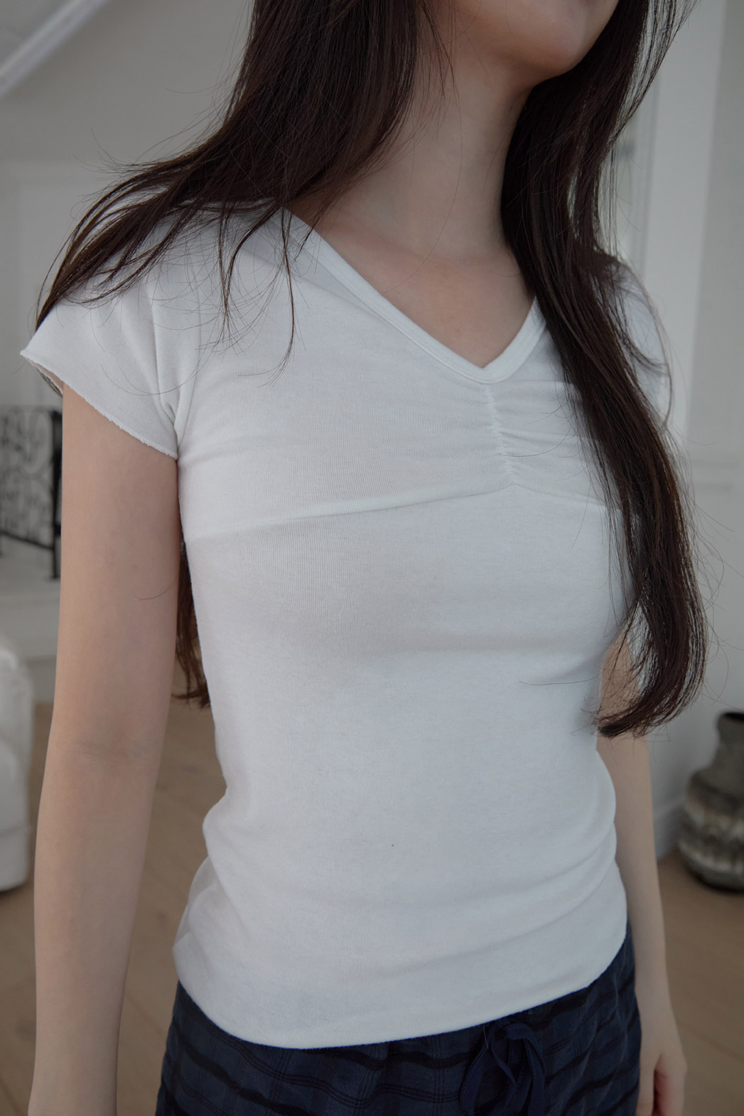 ストレッチVネックギャザーセミクロップド無地TシャツSS | 詳細画像21