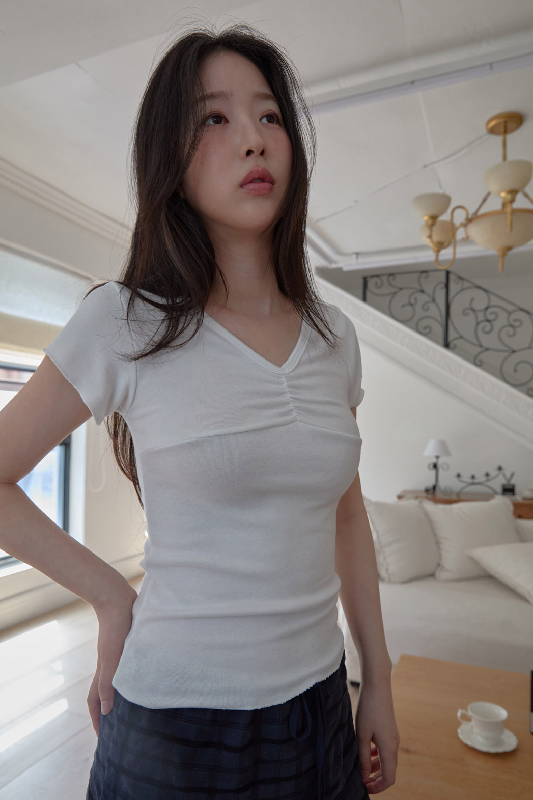 ストレッチVネックギャザーセミクロップド無地TシャツSS | 詳細画像26