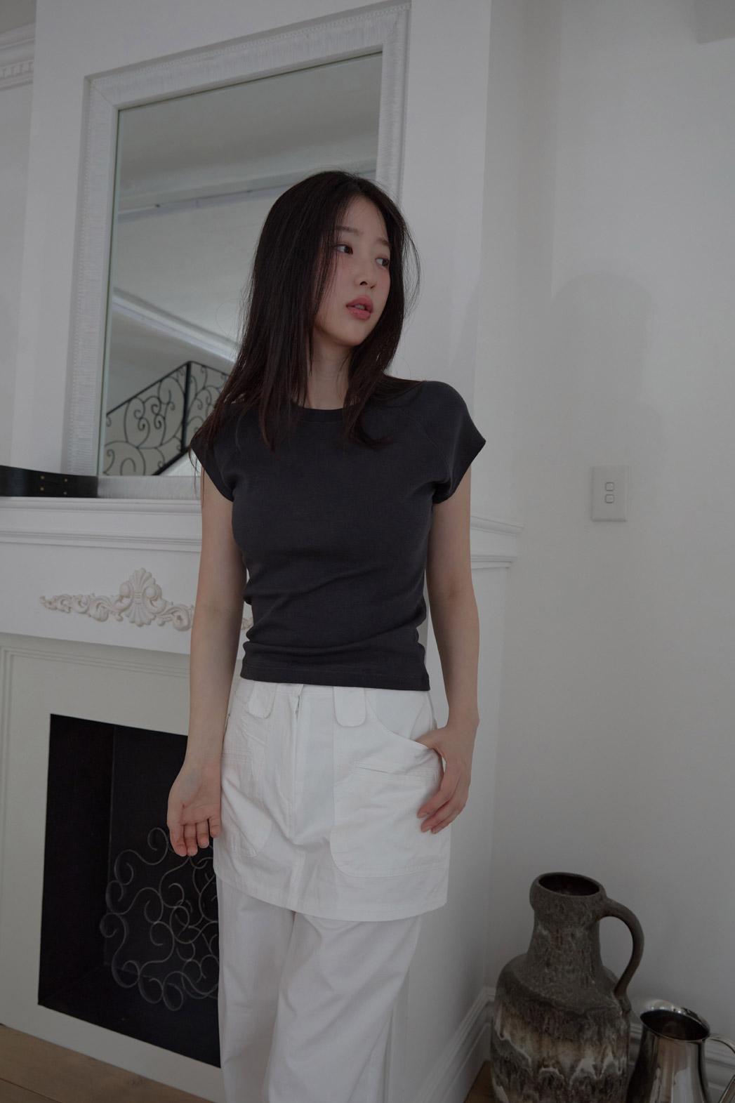 ストレッチコットンベーシックキャップスリーブラグランクロップド無地TシャツSS | 詳細画像24