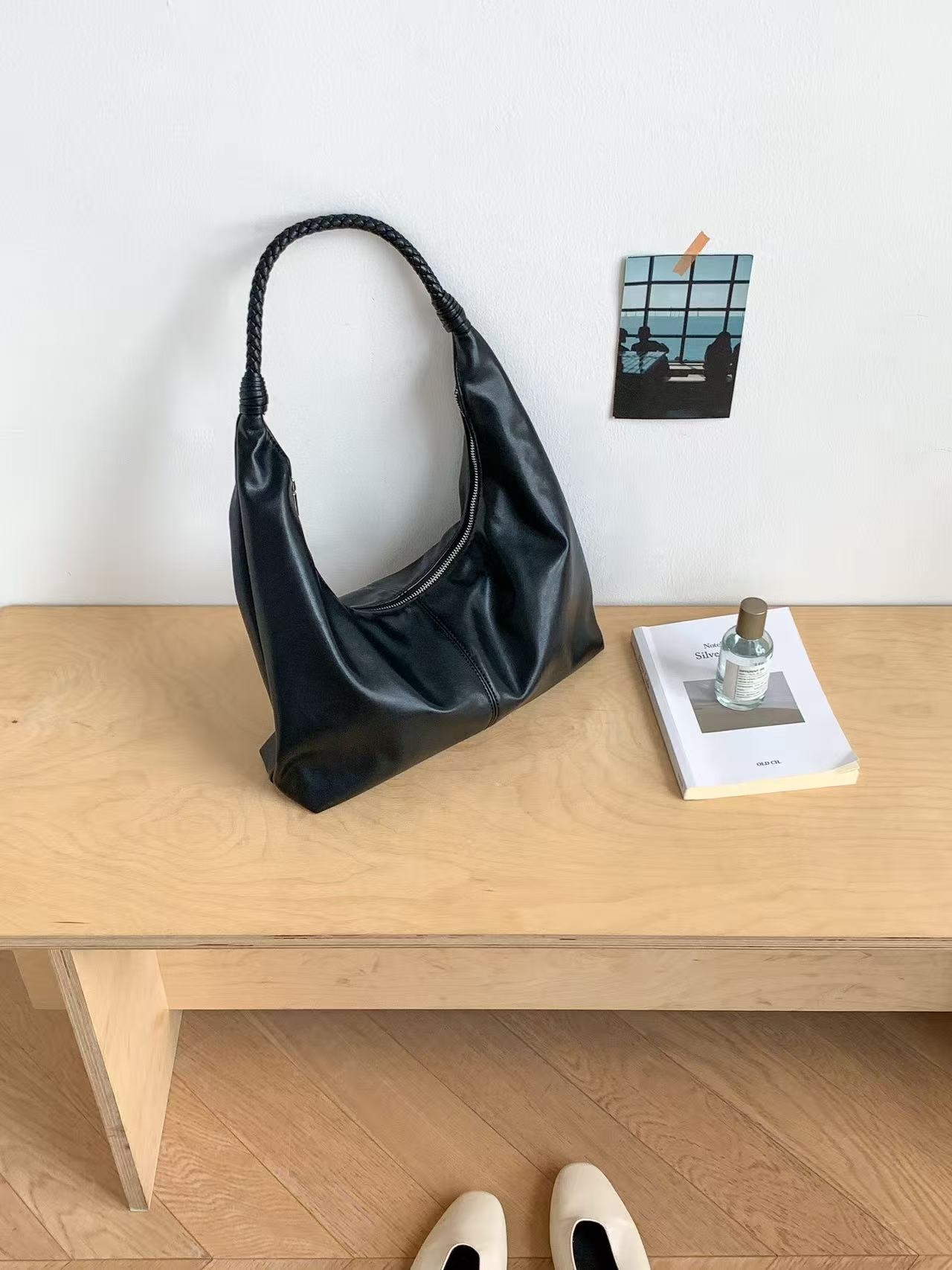 レザー調ジップアップラインウィービングショルダーバッグ | 詳細画像8