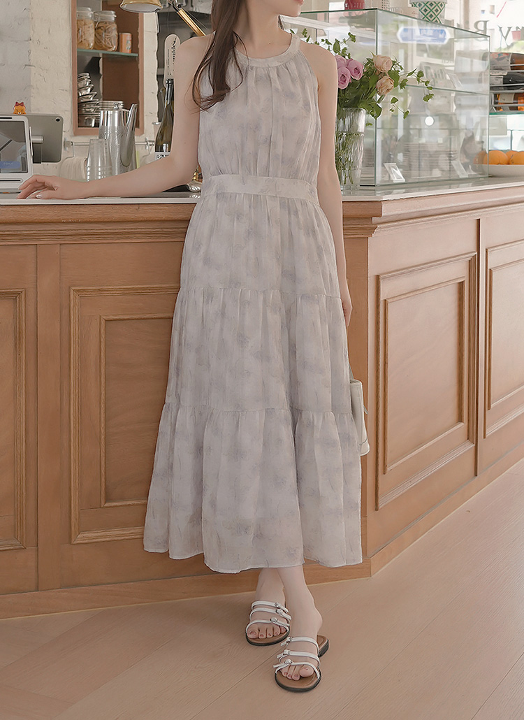 シフォンスリムロングホルターネックリボン(固定)花柄ワンピース