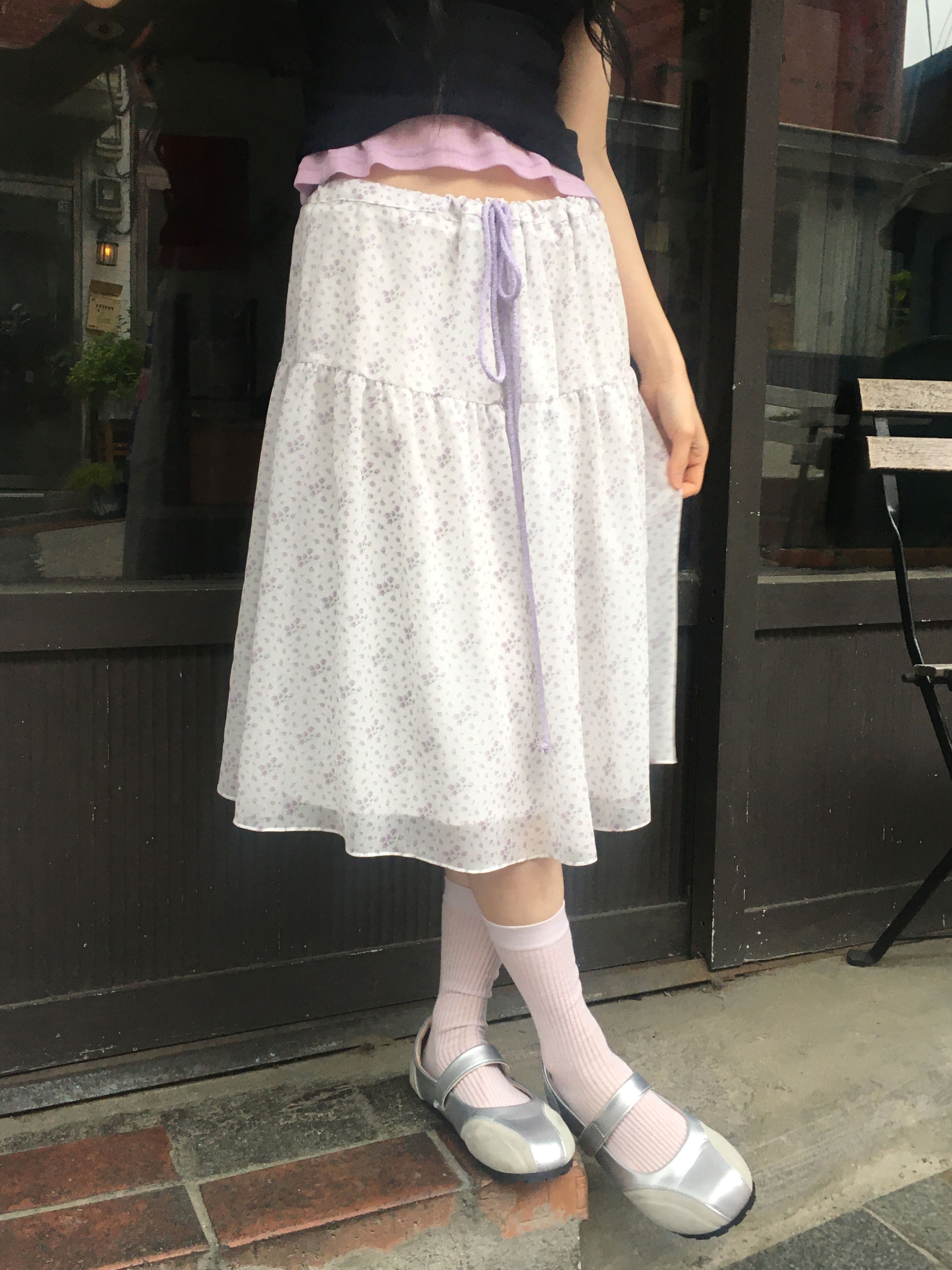 シフォンピンタックミディフレアドローストリング小花柄スカート