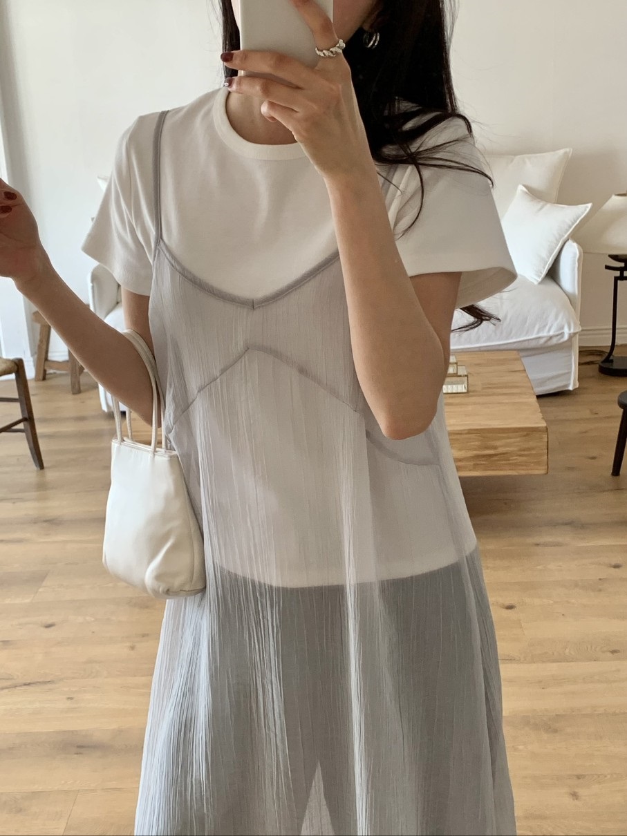 シースルーVネックリンクルHライン(ロング丈)無地ビスチェワンピース | 詳細画像2