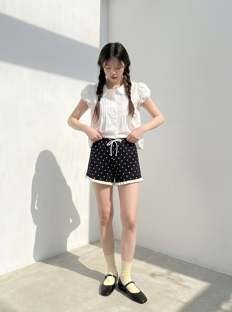ニット配色フリルウエストゴムスリムショートドットショートパンツ | 詳細画像2