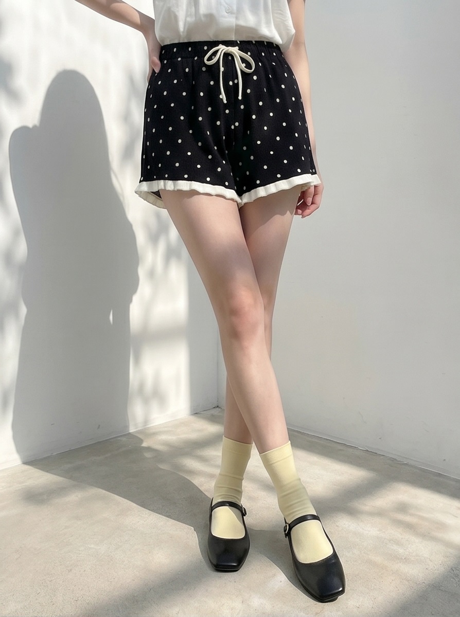 ニット配色フリルウエストゴムスリムショートドットショートパンツ | 詳細画像9