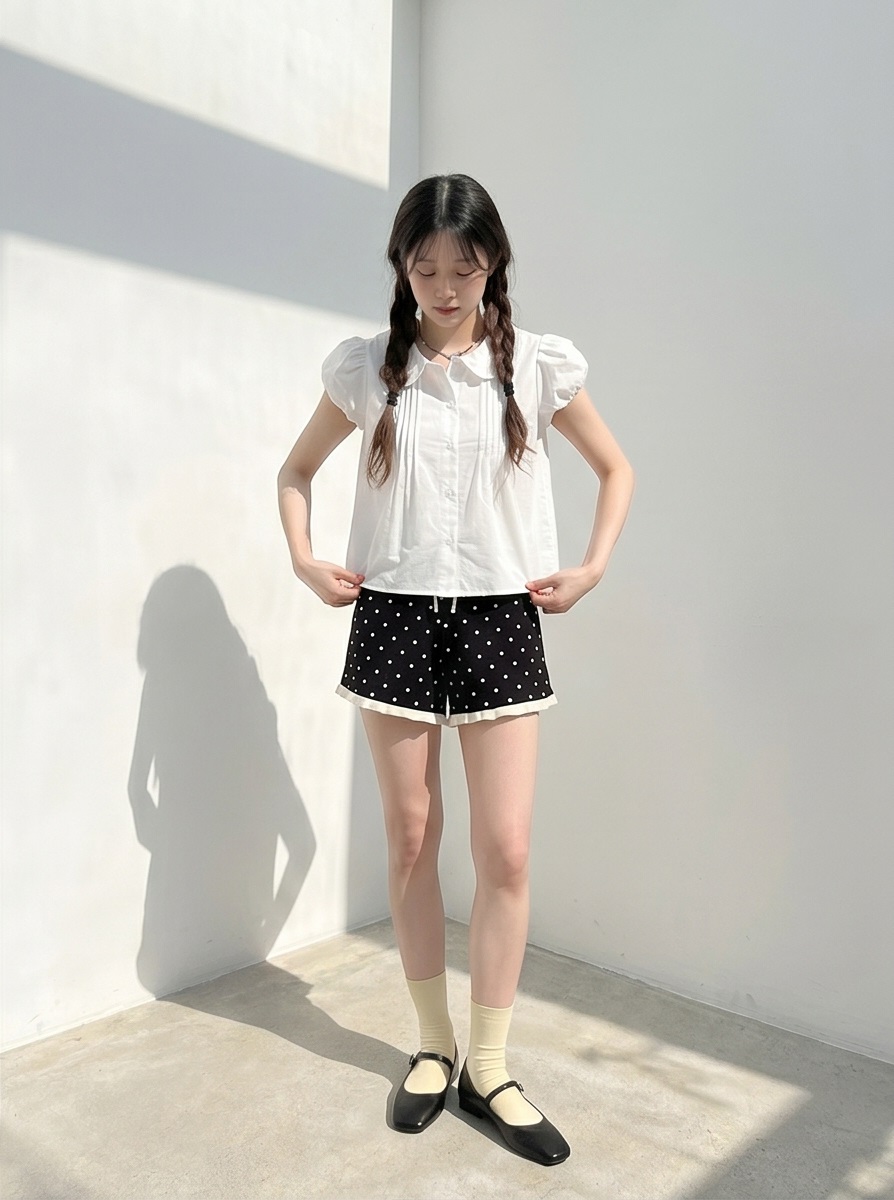 ニット配色フリルウエストゴムスリムショートドットショートパンツ | 詳細画像13