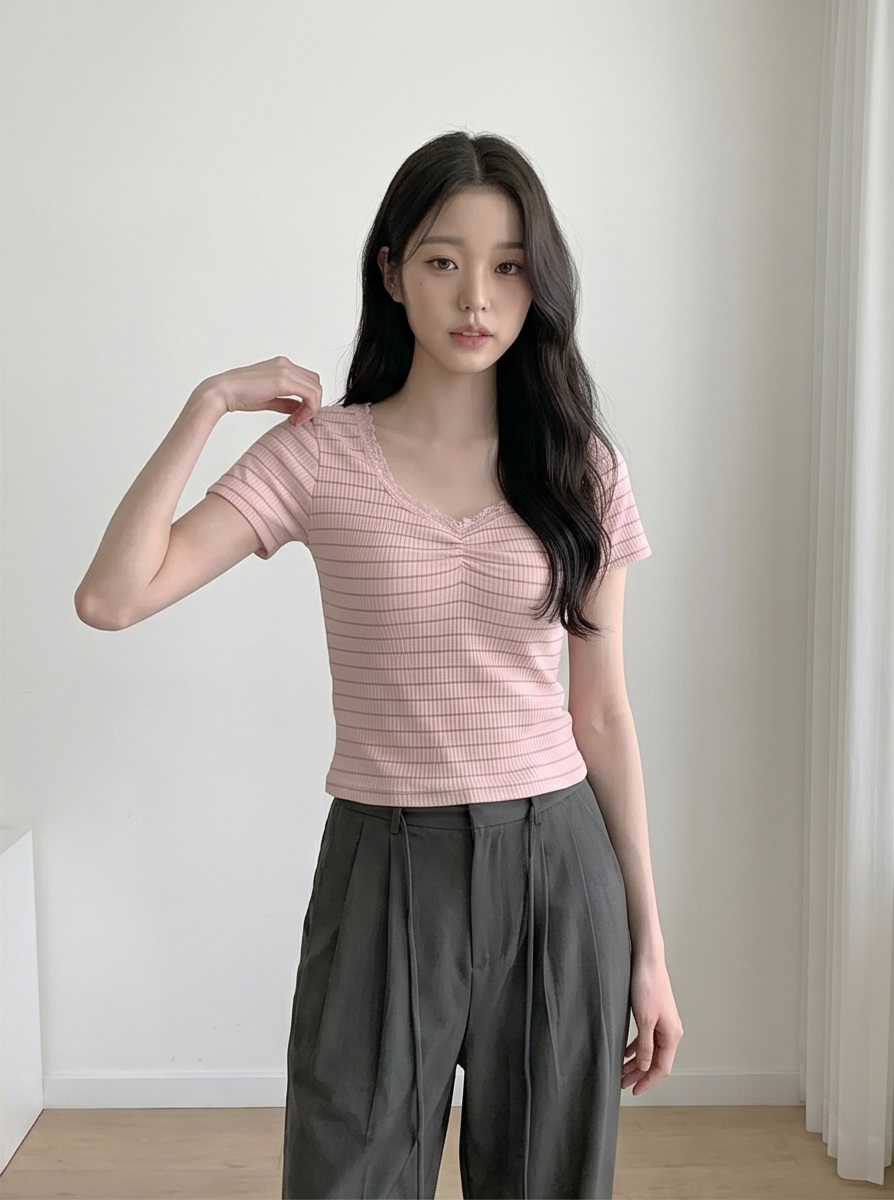 リブニットVネックスリム半袖ボーダー配色Tシャツ | 詳細画像4