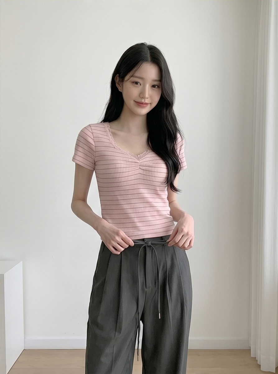 リブニットVネックスリム半袖ボーダー配色Tシャツ | 詳細画像6