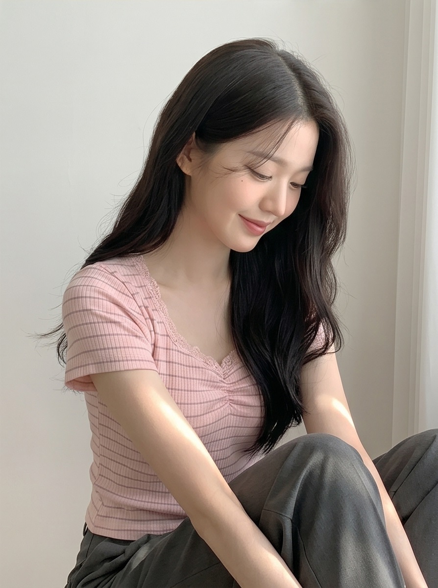 リブニットVネックスリム半袖ボーダー配色Tシャツ | 詳細画像9