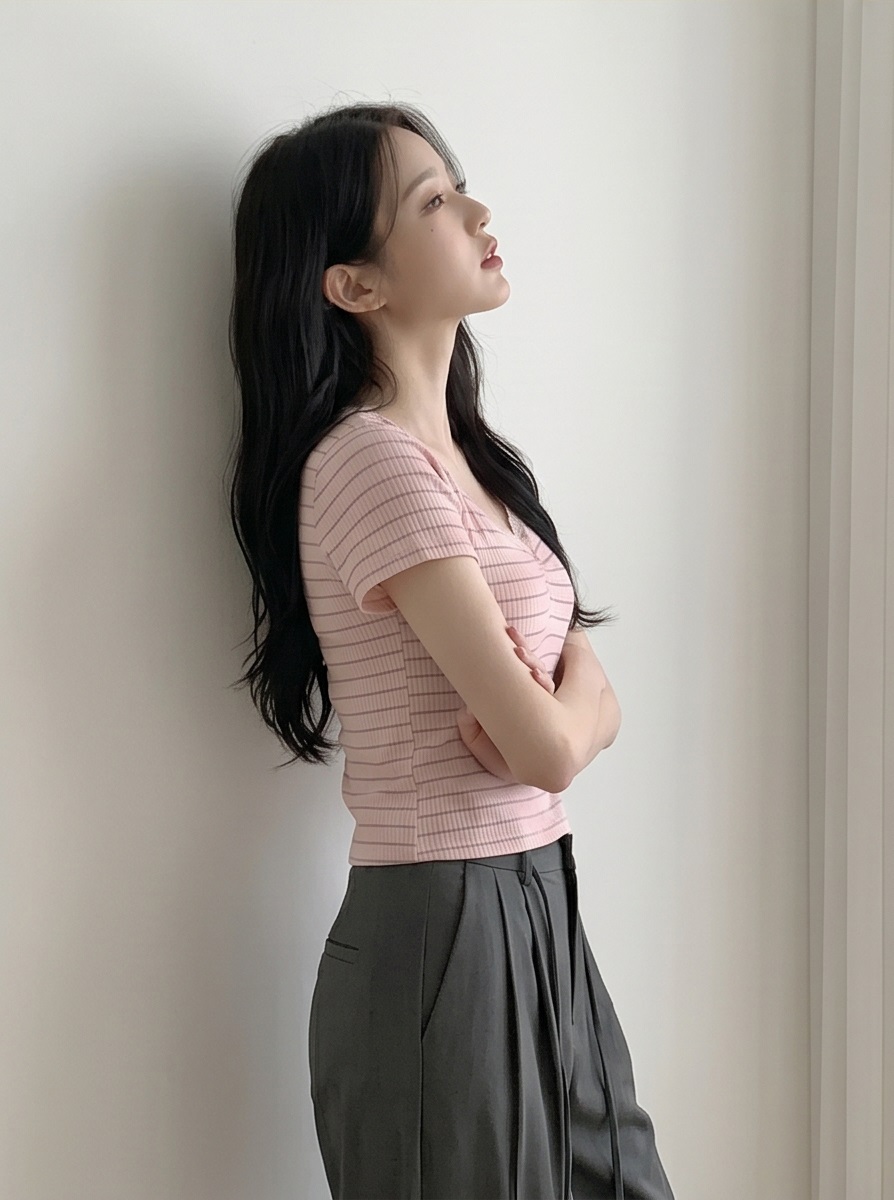 リブニットVネックスリム半袖ボーダー配色Tシャツ | 詳細画像7