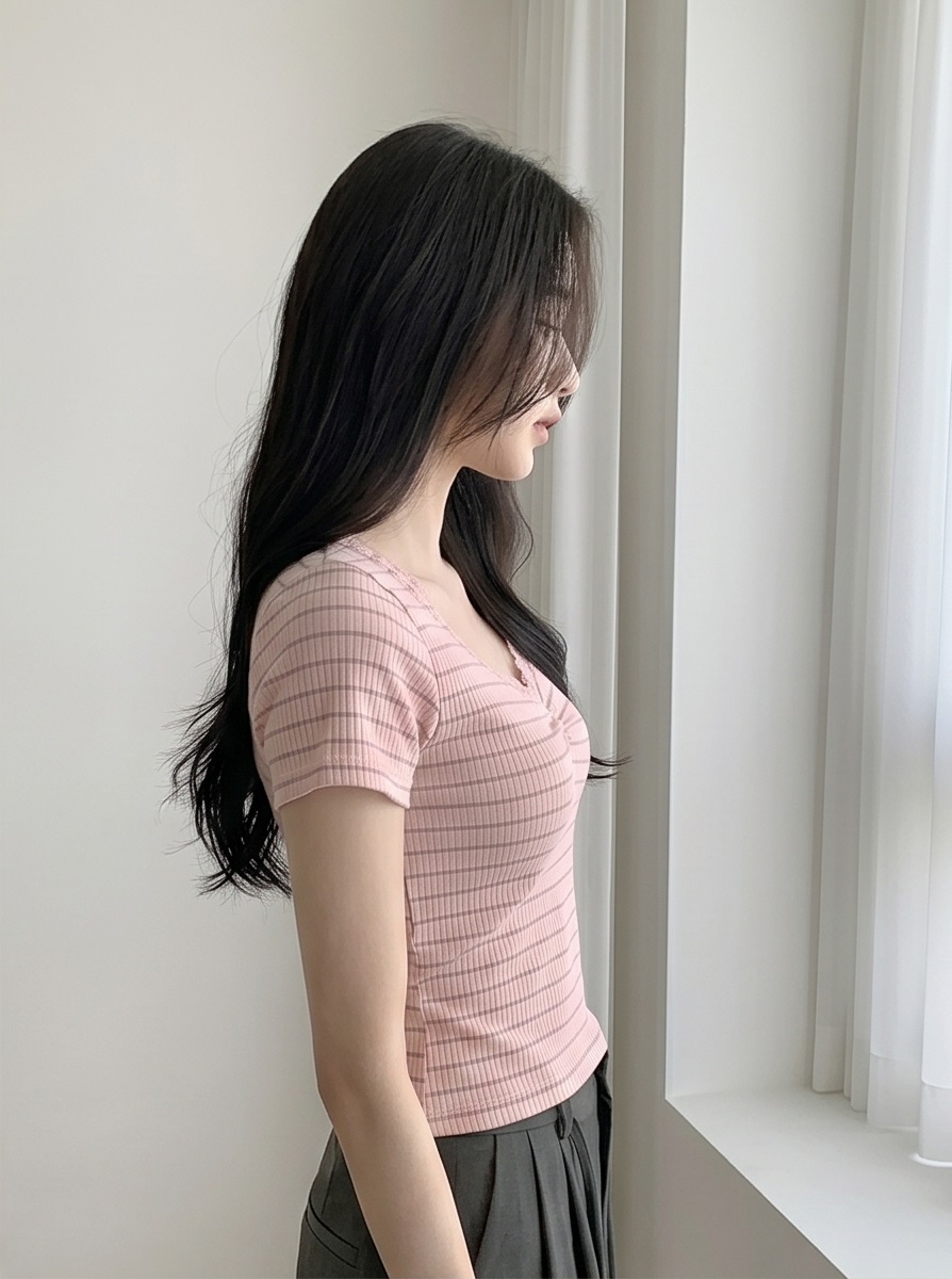 リブニットVネックスリム半袖ボーダー配色Tシャツ | 詳細画像14