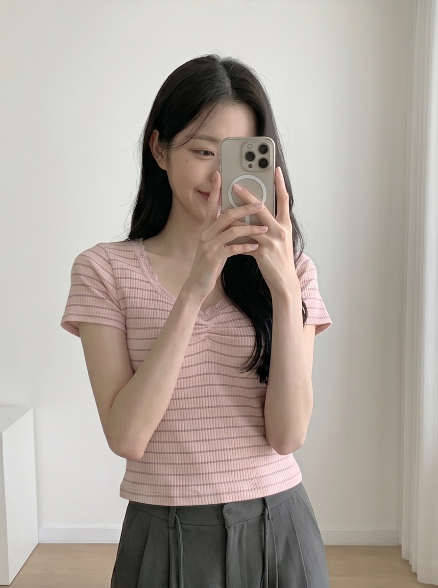 リブニットVネックスリム半袖ボーダー配色Tシャツ | 詳細画像15