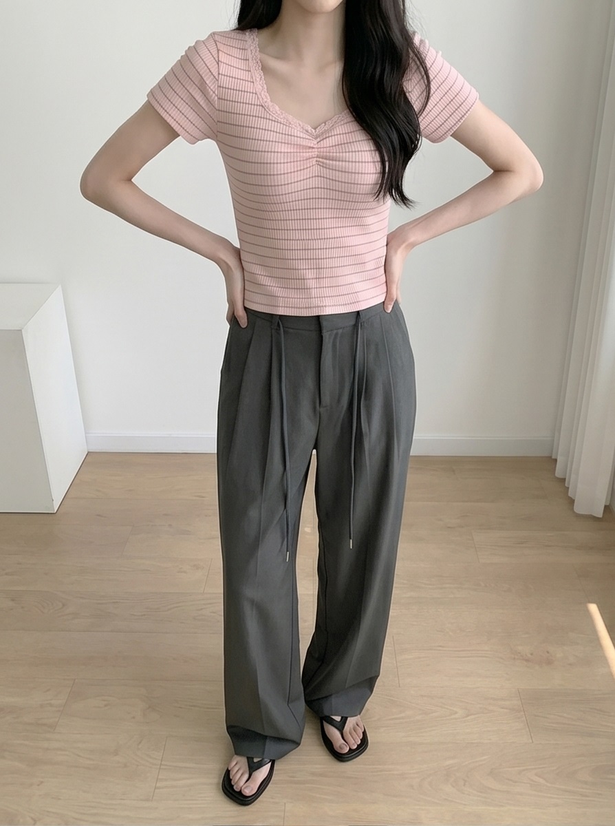 リブニットVネックスリム半袖ボーダー配色Tシャツ | 詳細画像19