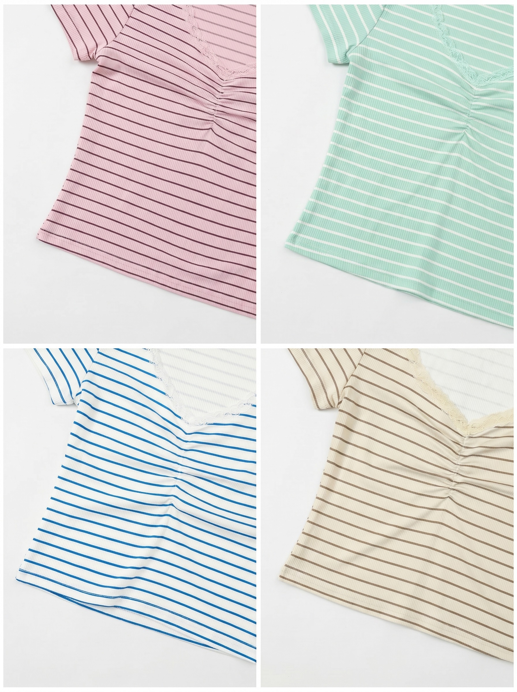 リブニットVネックスリム半袖ボーダー配色Tシャツ | 詳細画像3