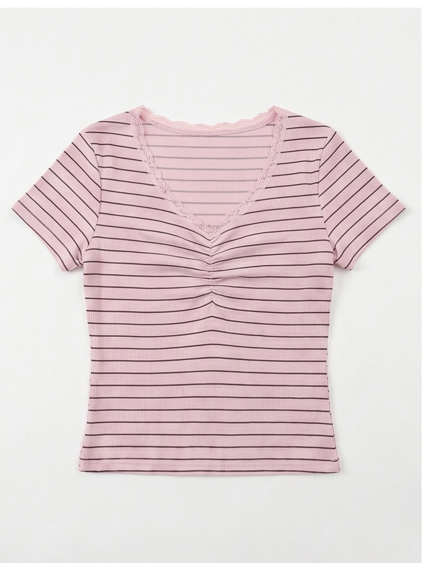 リブニットVネックスリム半袖ボーダー配色Tシャツ | 詳細画像23