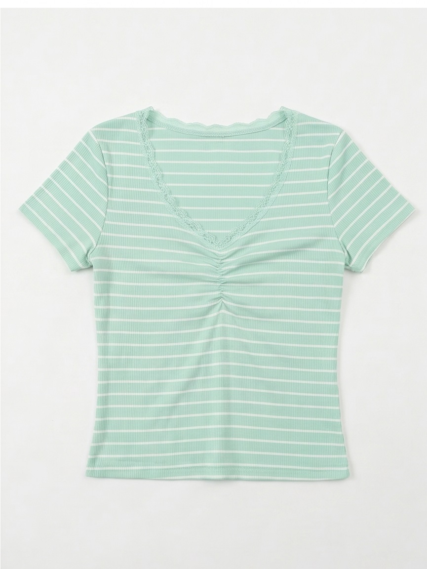 リブニットVネックスリム半袖ボーダー配色Tシャツ | 詳細画像26