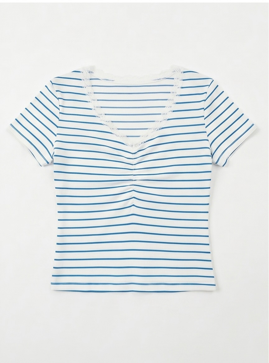 リブニットVネックスリム半袖ボーダー配色Tシャツ | 詳細画像24