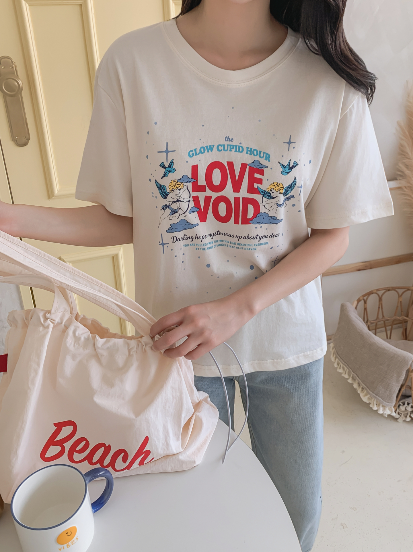 コットンラウンドネックベーシックボクシールーズ半袖ロゴTシャツ | 詳細画像3