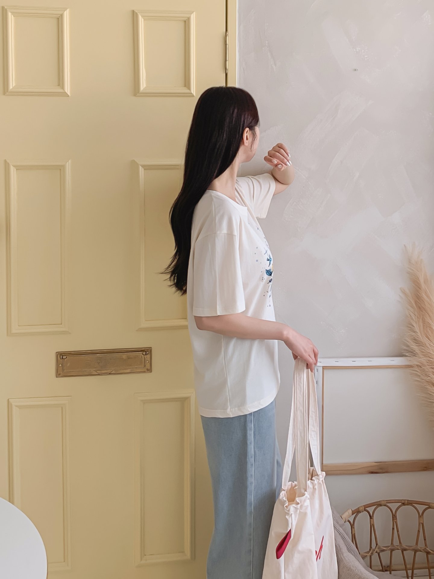 コットンラウンドネックベーシックボクシールーズ半袖ロゴTシャツ | 詳細画像14