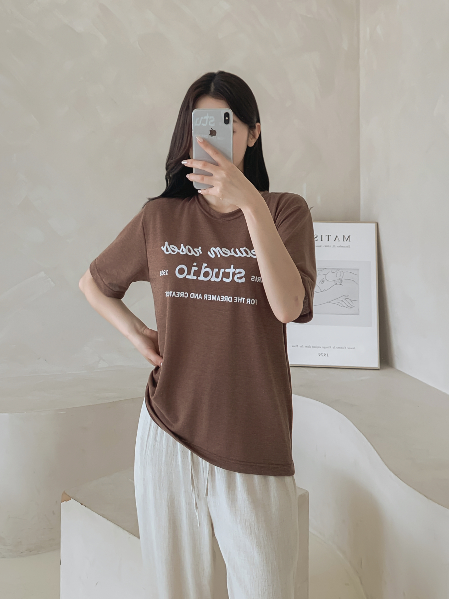 リネン混ラウンドネックベーシックルーズ半袖ロゴTシャツ | 詳細画像18