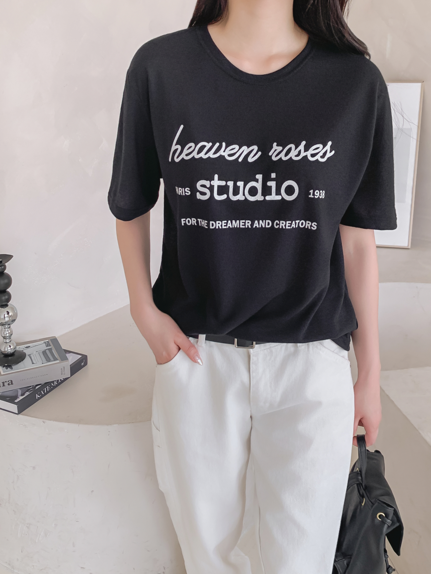 リネン混ラウンドネックベーシックルーズ半袖ロゴTシャツ | 詳細画像36