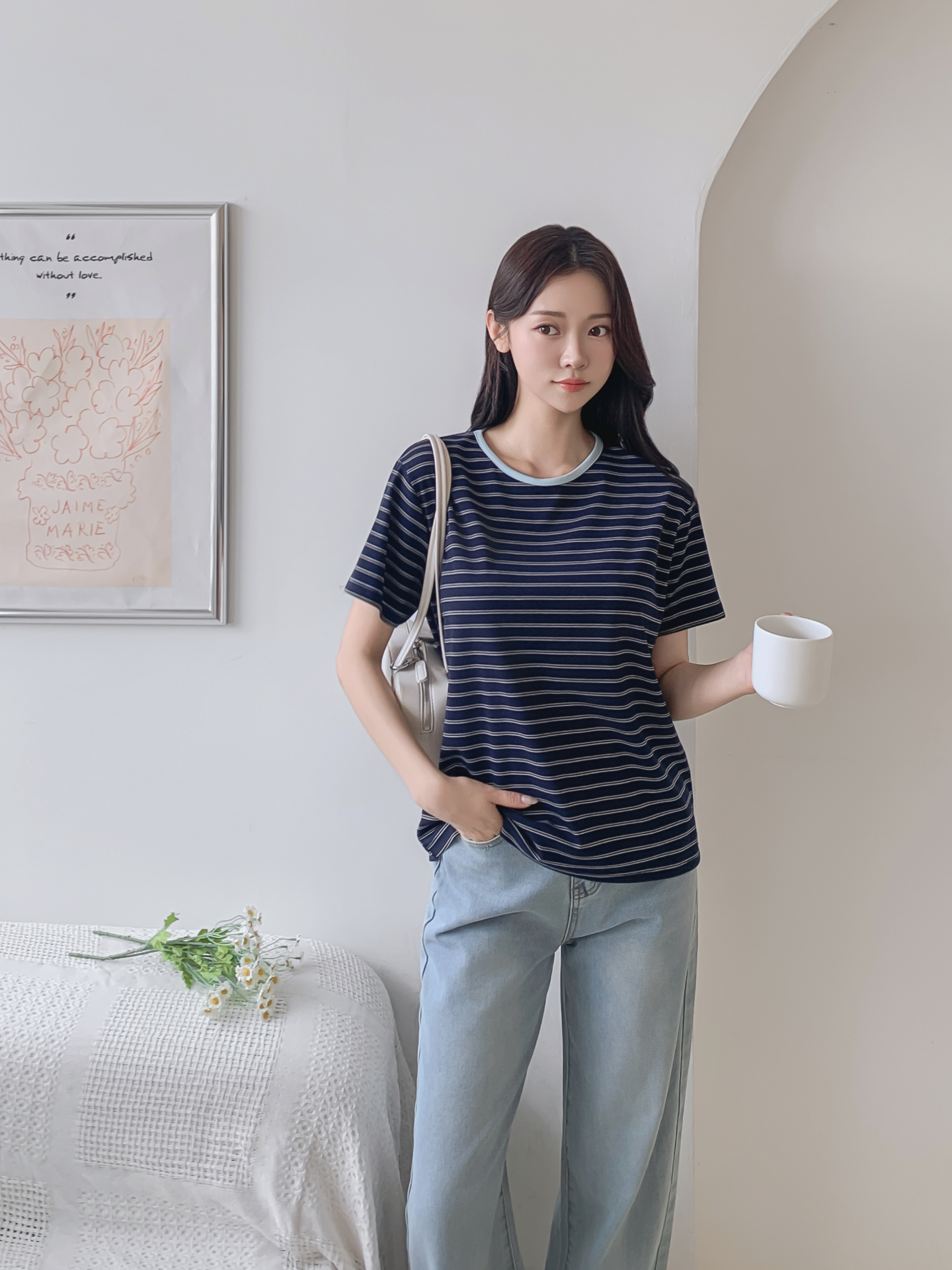 ストレッチラウンドネックベーシックスリム半袖ボーダー配色Tシャツ | 詳細画像2