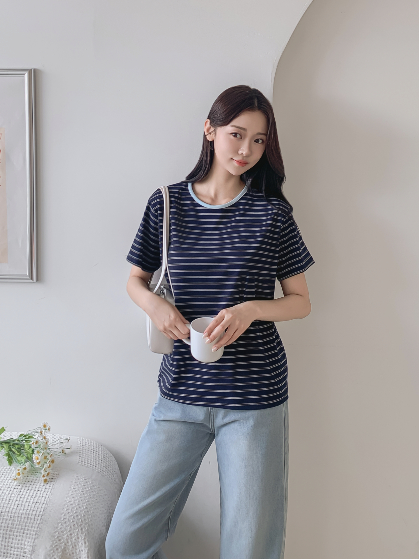 ストレッチラウンドネックベーシックスリム半袖ボーダー配色Tシャツ | 詳細画像3