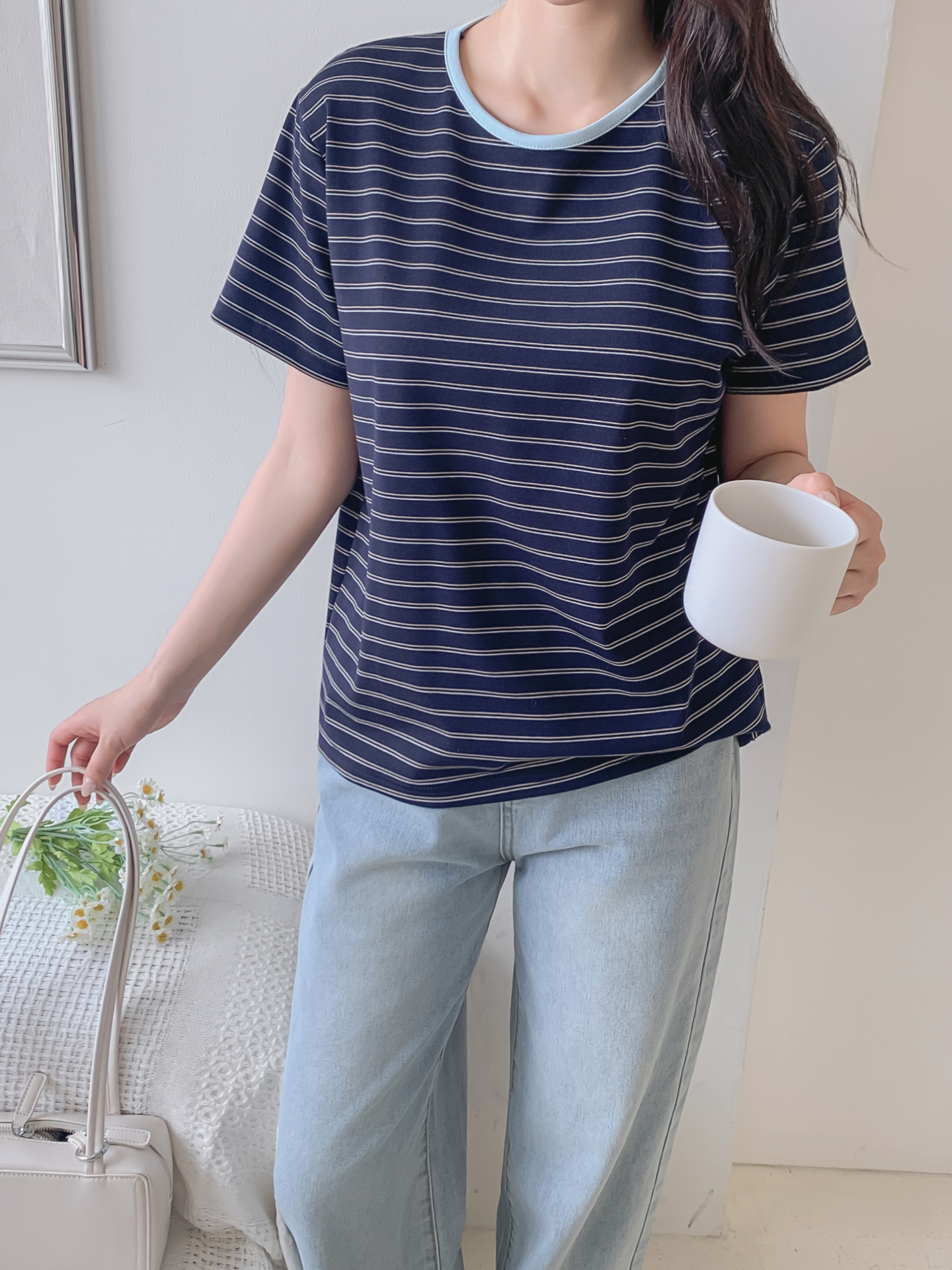 ストレッチラウンドネックベーシックスリム半袖ボーダー配色Tシャツ | 詳細画像6