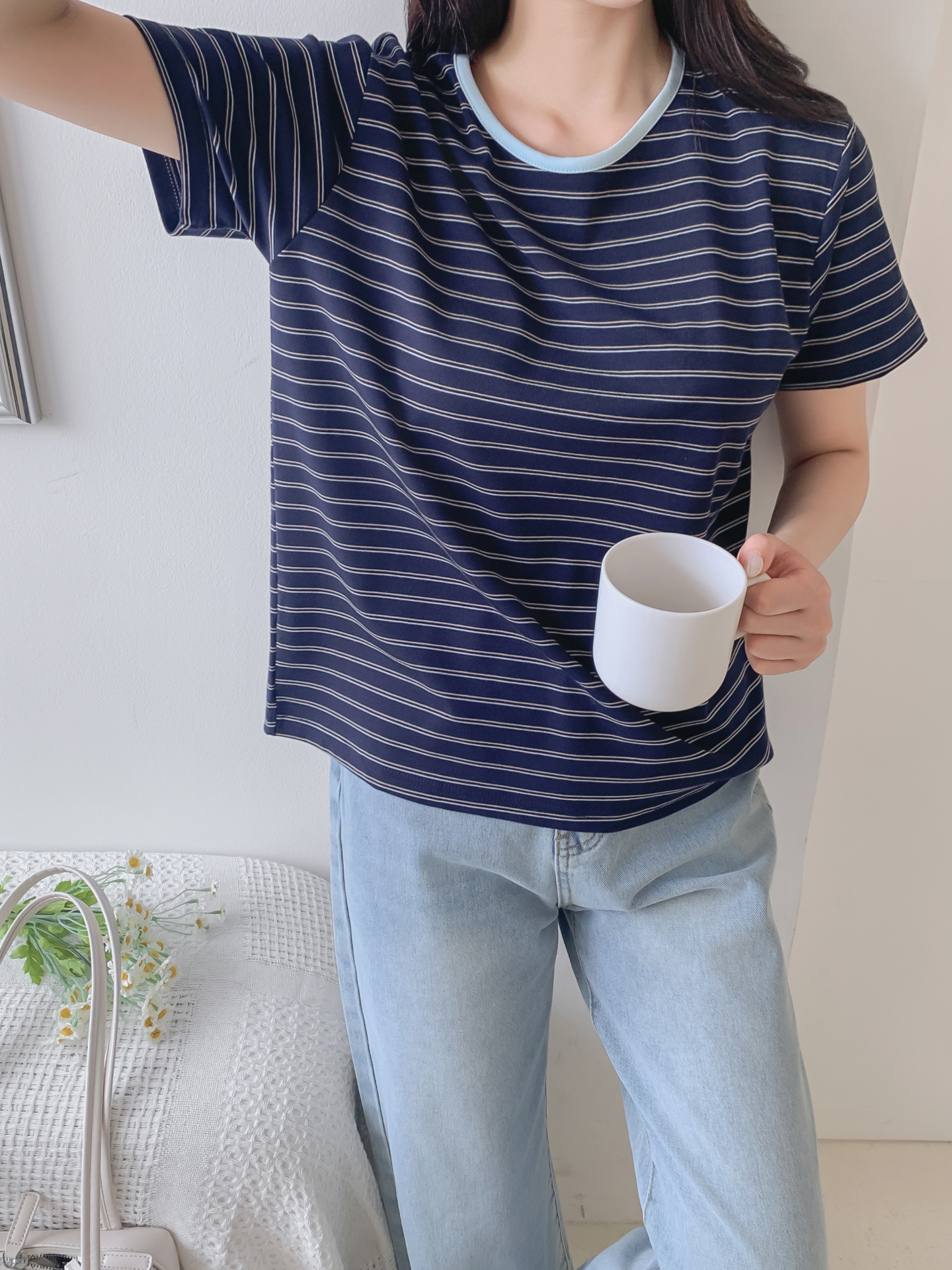 ストレッチラウンドネックベーシックスリム半袖ボーダー配色Tシャツ | 詳細画像7