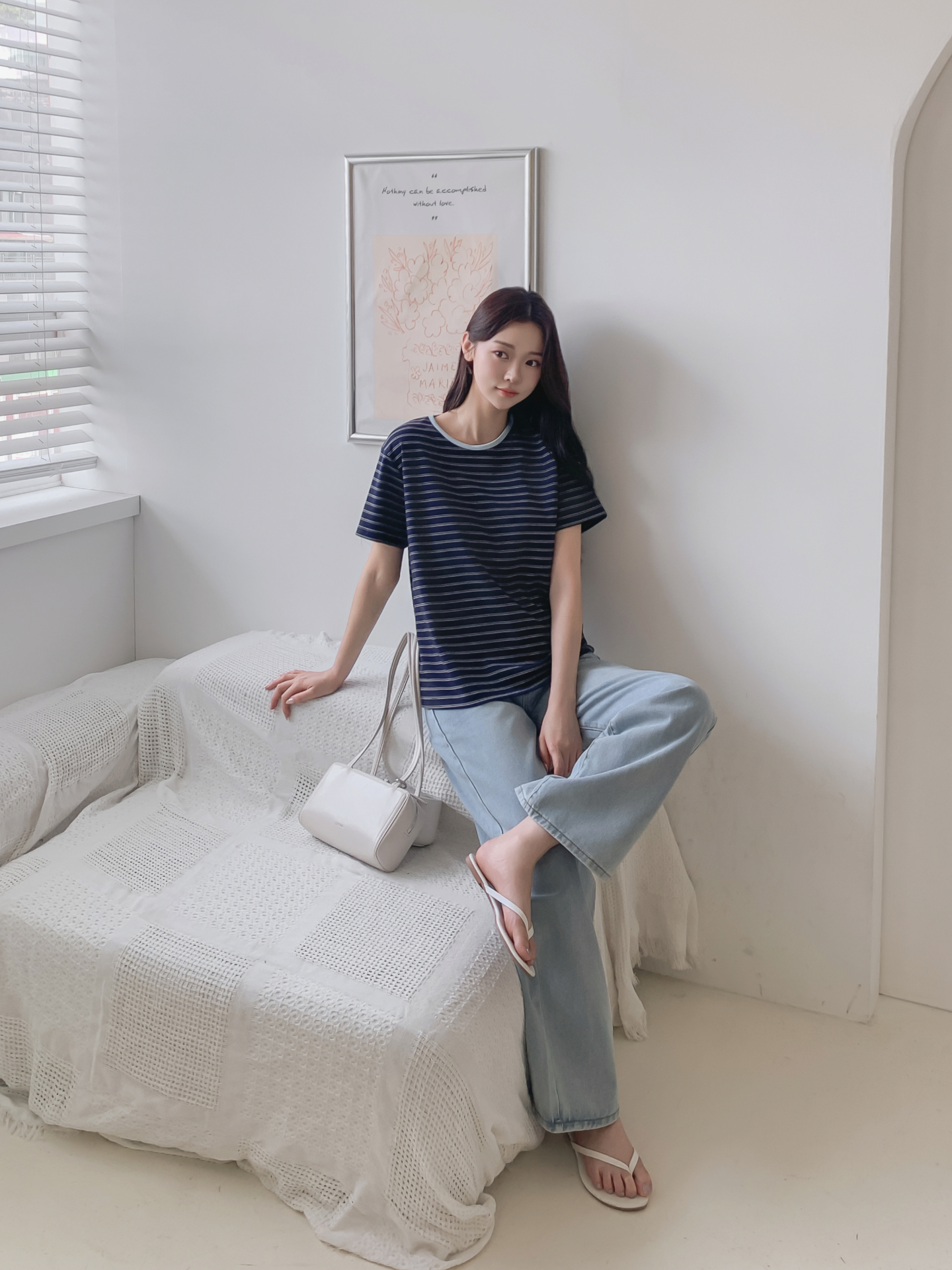 ストレッチラウンドネックベーシックスリム半袖ボーダー配色Tシャツ | 詳細画像9