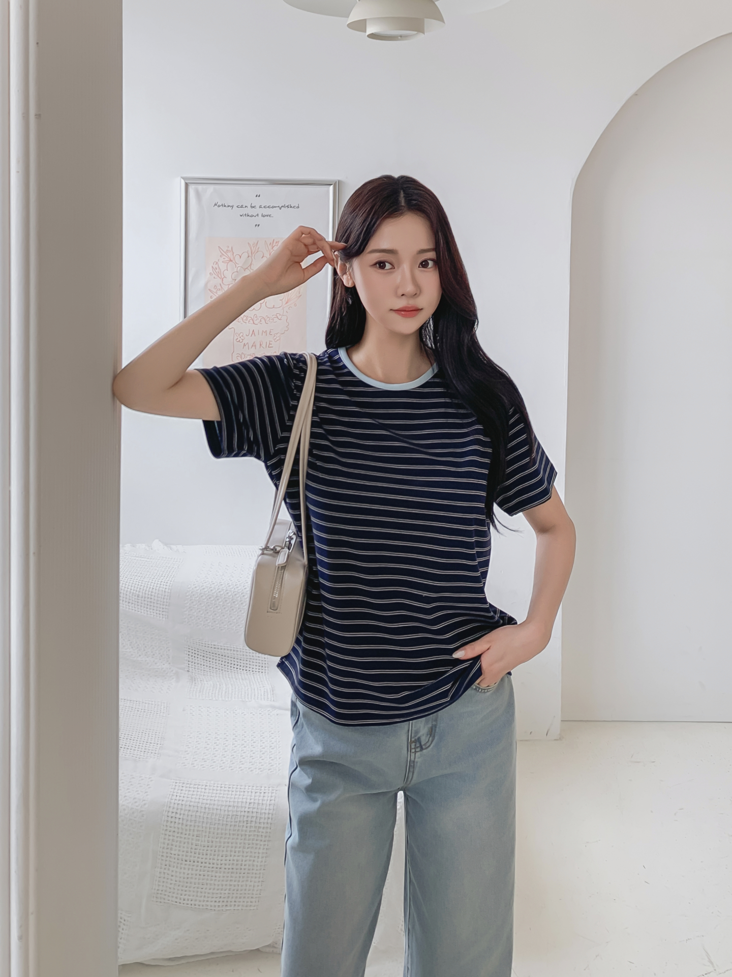 ストレッチラウンドネックベーシックスリム半袖ボーダー配色Tシャツ | 詳細画像11