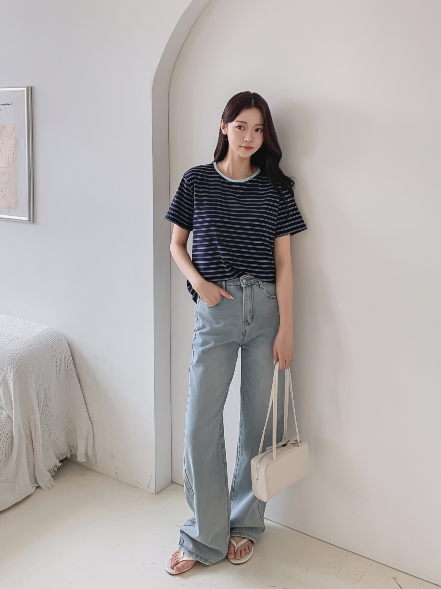 ストレッチラウンドネックベーシックスリム半袖ボーダー配色Tシャツ | 詳細画像12