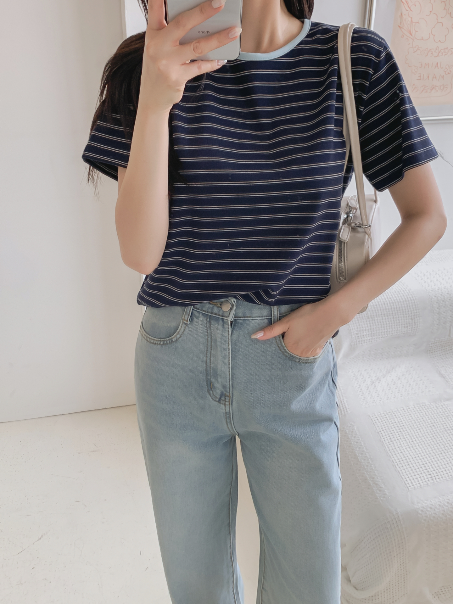 ストレッチラウンドネックベーシックスリム半袖ボーダー配色Tシャツ | 詳細画像18