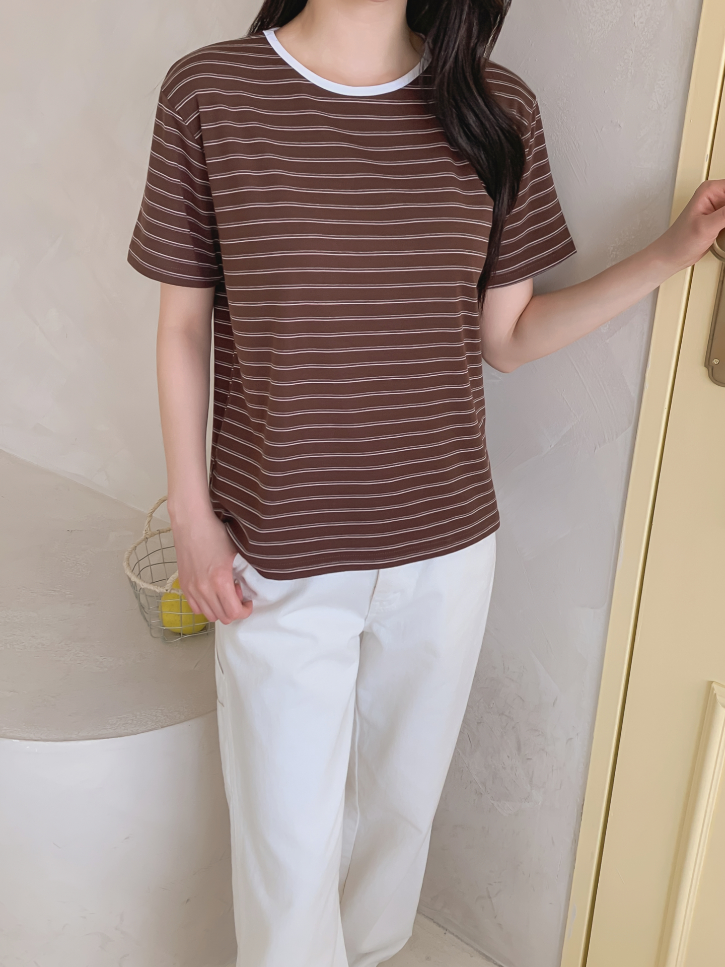 ストレッチラウンドネックベーシックスリム半袖ボーダー配色Tシャツ | 詳細画像21
