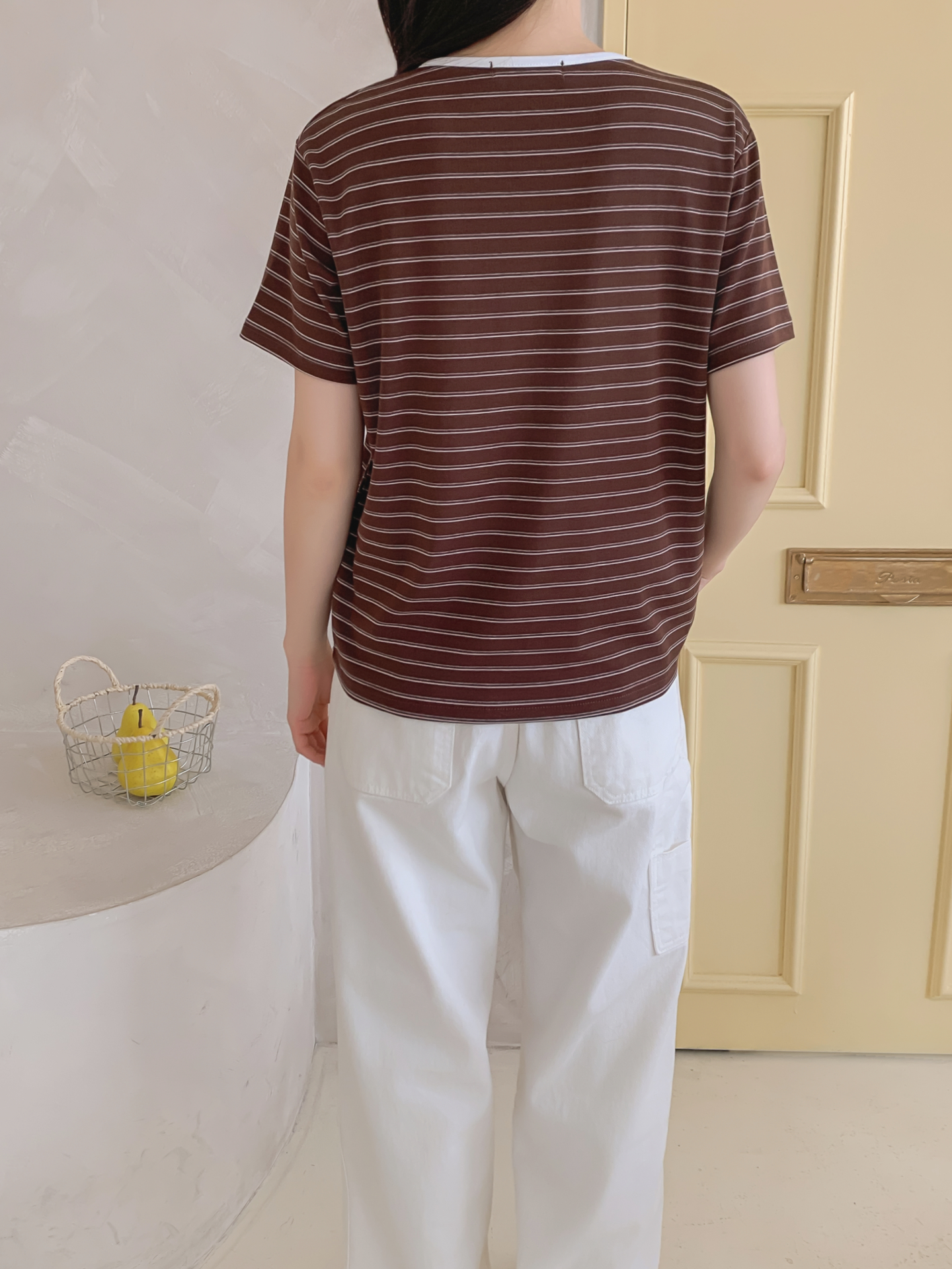 ストレッチラウンドネックベーシックスリム半袖ボーダー配色Tシャツ | 詳細画像22