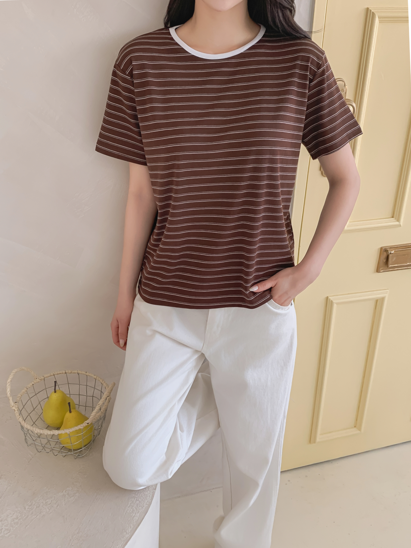 ストレッチラウンドネックベーシックスリム半袖ボーダー配色Tシャツ | 詳細画像23
