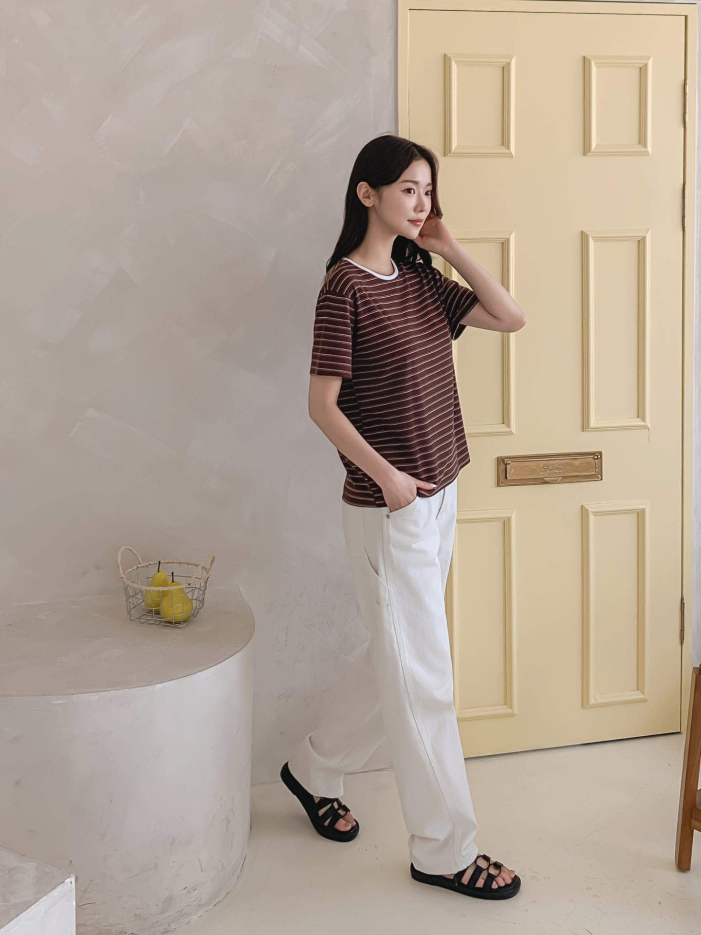 ストレッチラウンドネックベーシックスリム半袖ボーダー配色Tシャツ | 詳細画像24