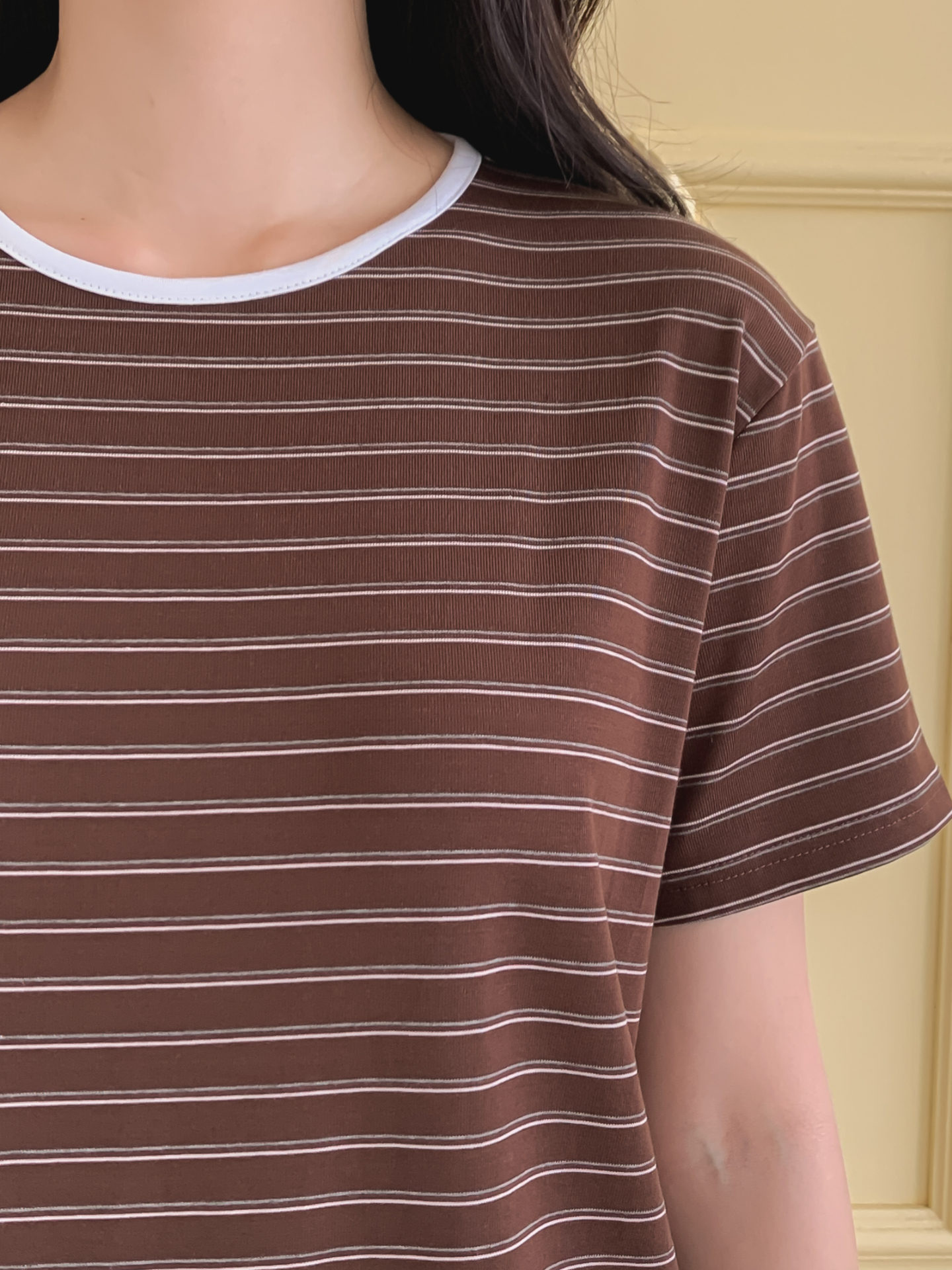 ストレッチラウンドネックベーシックスリム半袖ボーダー配色Tシャツ | 詳細画像25