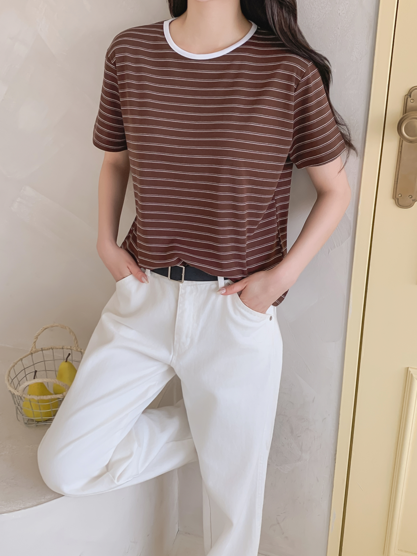 ストレッチラウンドネックベーシックスリム半袖ボーダー配色Tシャツ | 詳細画像27