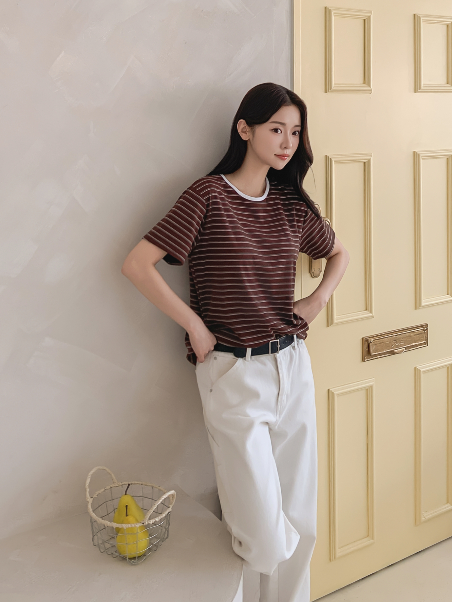 ストレッチラウンドネックベーシックスリム半袖ボーダー配色Tシャツ | 詳細画像29