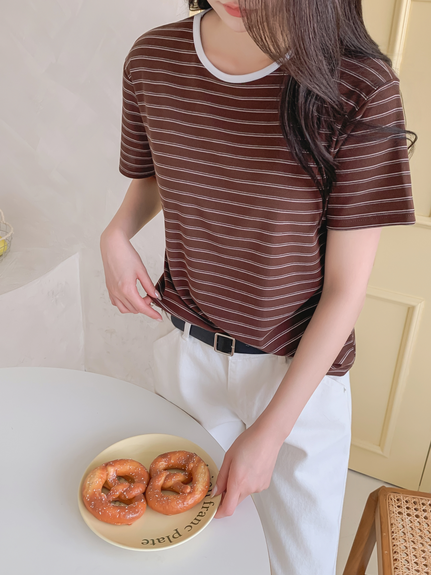 ストレッチラウンドネックベーシックスリム半袖ボーダー配色Tシャツ | 詳細画像30