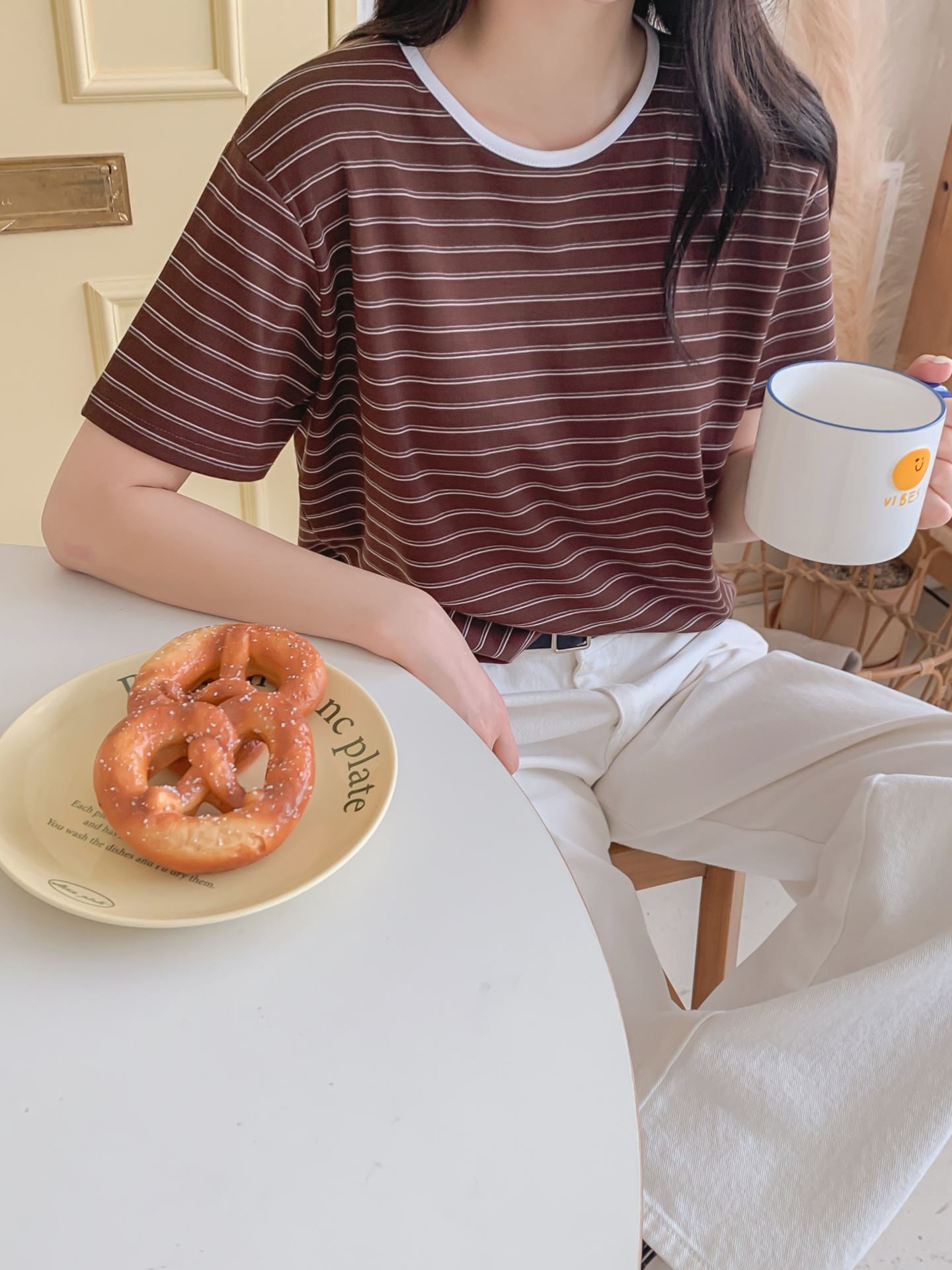ストレッチラウンドネックベーシックスリム半袖ボーダー配色Tシャツ | 詳細画像32