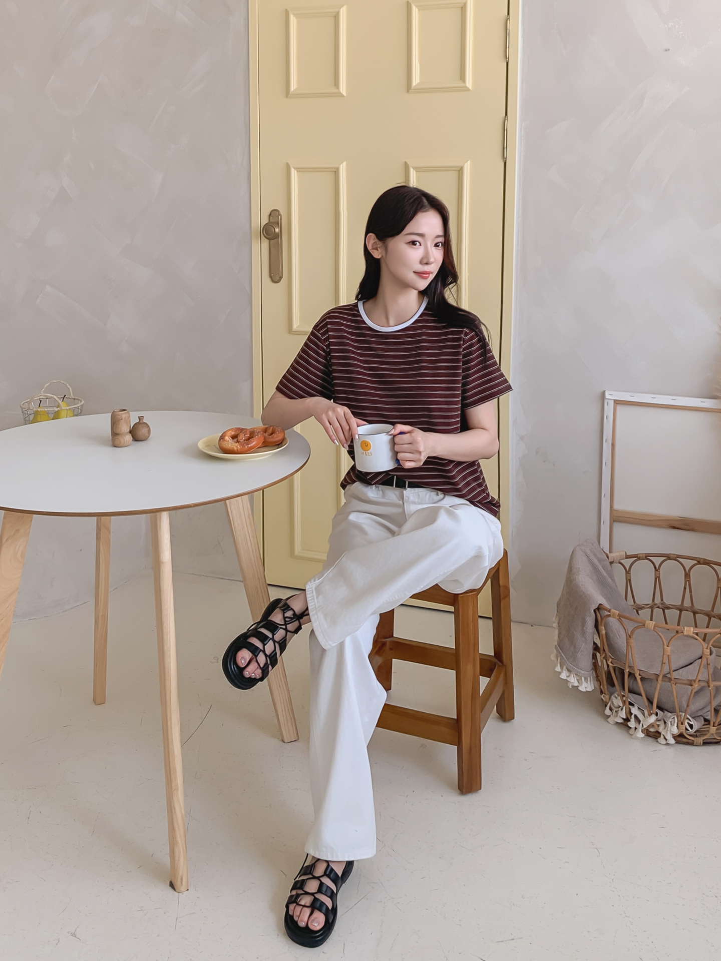 ストレッチラウンドネックベーシックスリム半袖ボーダー配色Tシャツ | 詳細画像33
