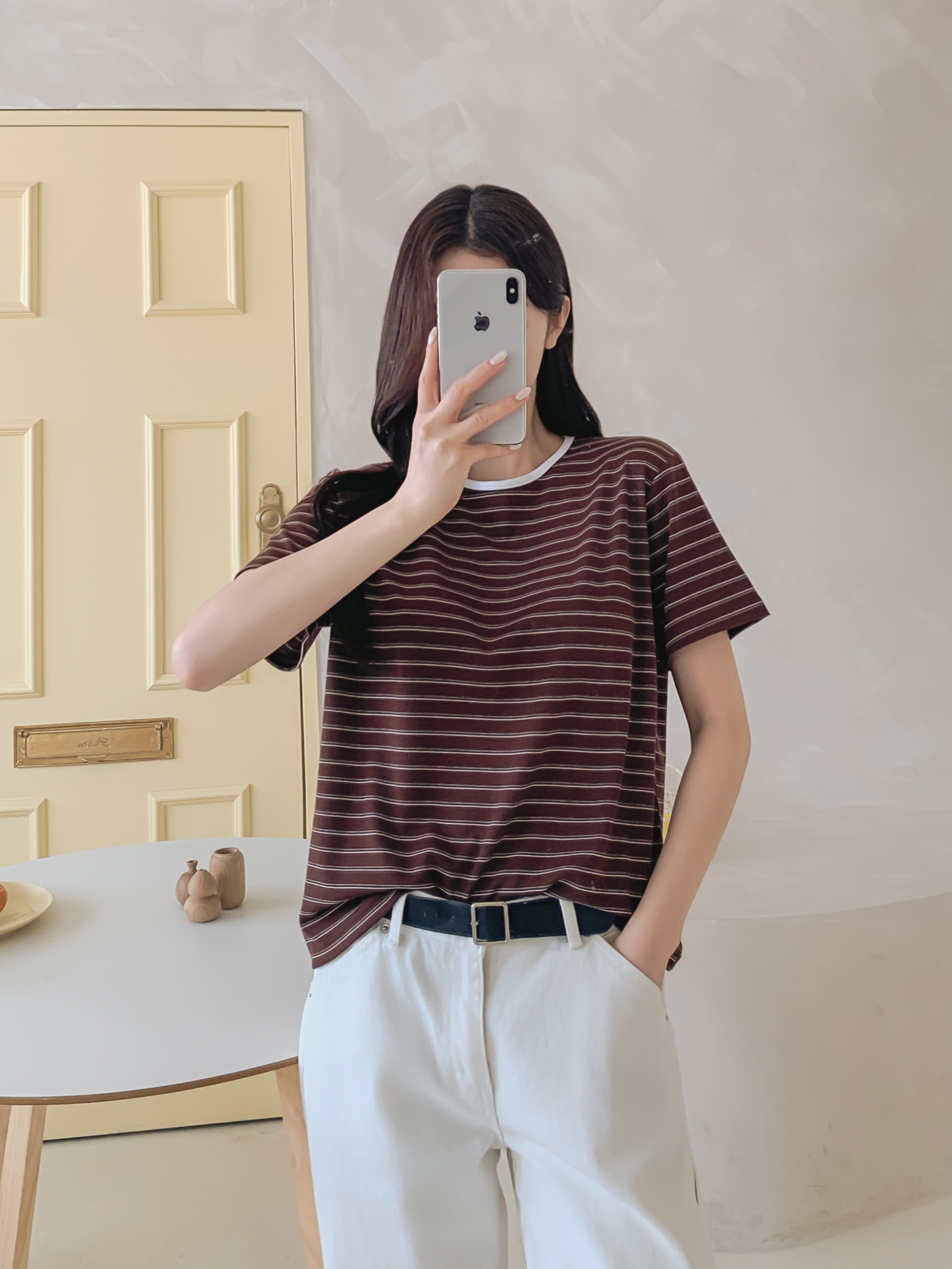 ストレッチラウンドネックベーシックスリム半袖ボーダー配色Tシャツ | 詳細画像34