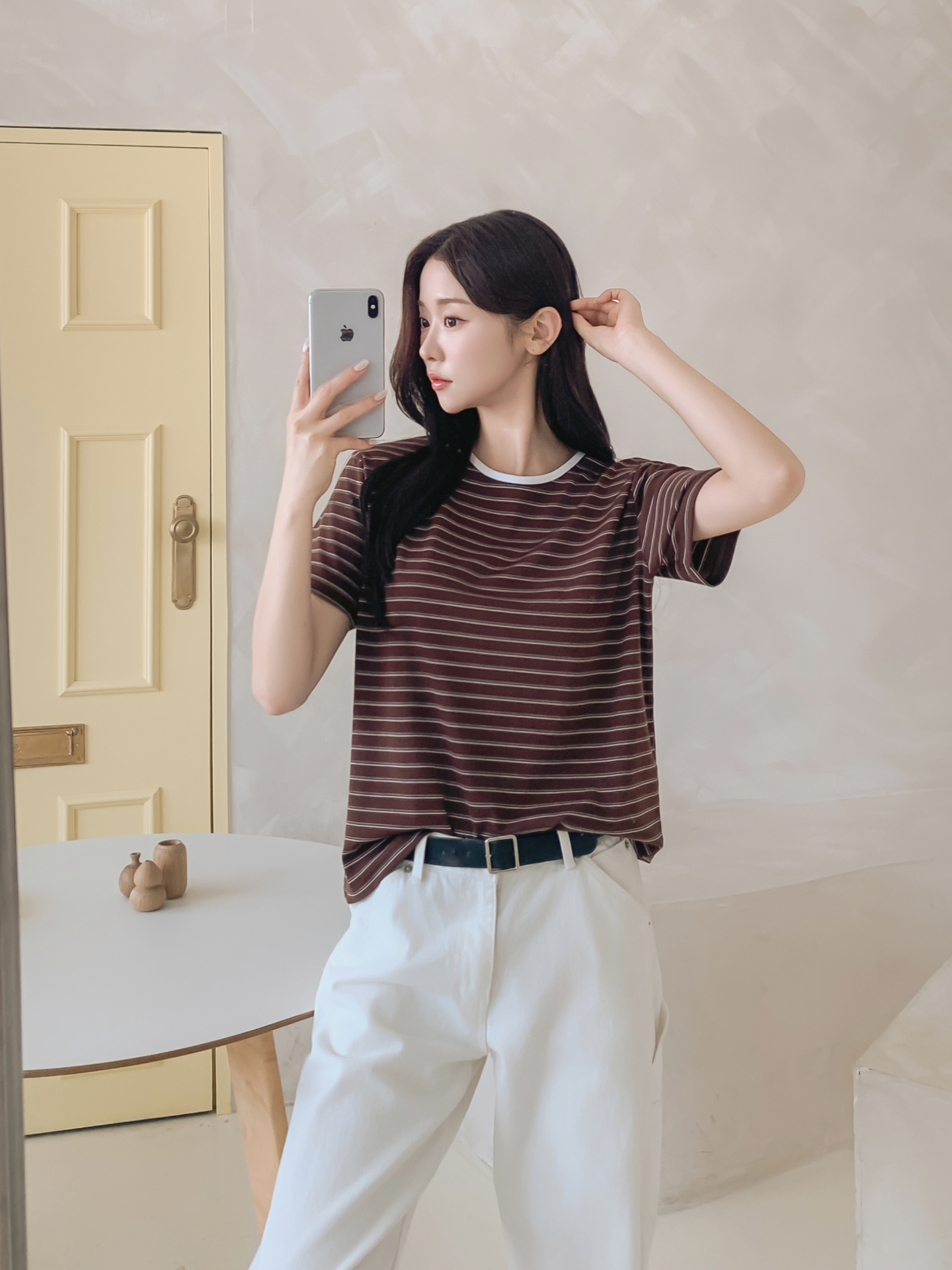 ストレッチラウンドネックベーシックスリム半袖ボーダー配色Tシャツ | 詳細画像35