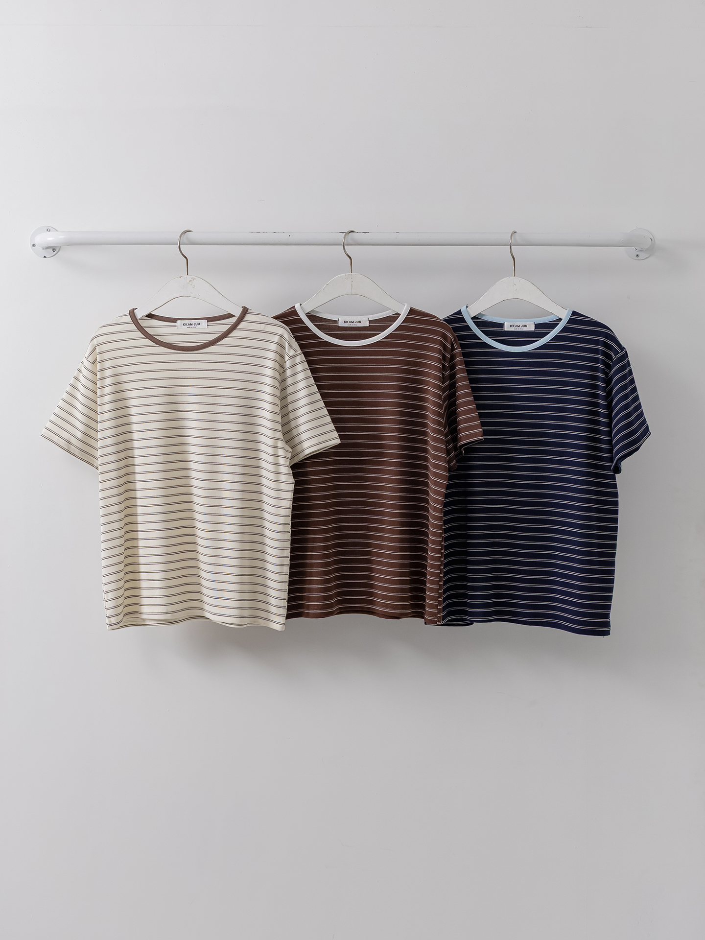 ストレッチラウンドネックベーシックスリム半袖ボーダー配色Tシャツ | 詳細画像36