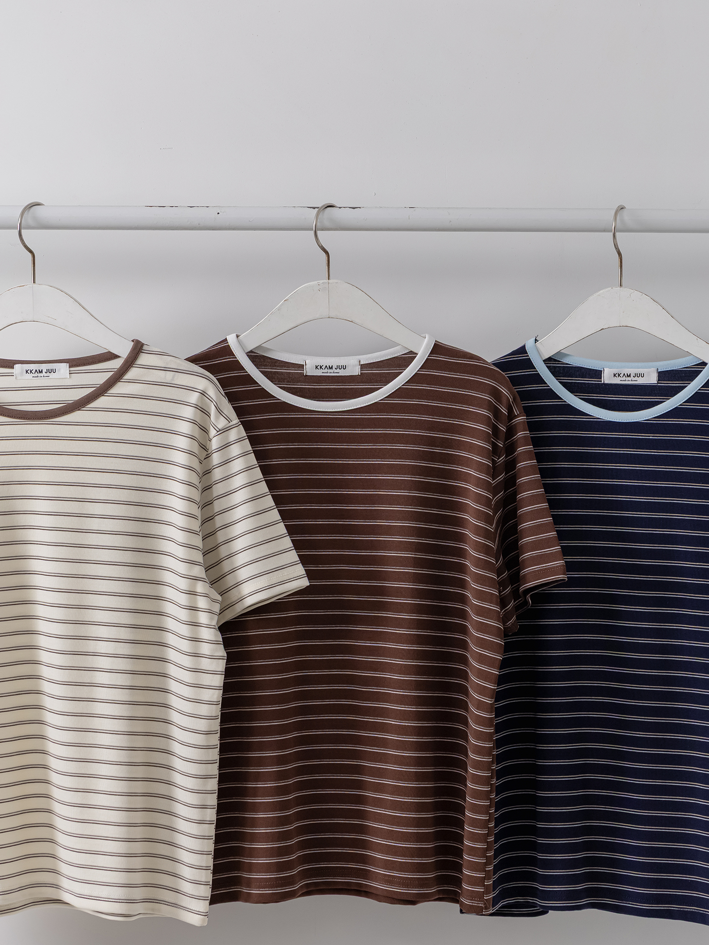 ストレッチラウンドネックベーシックスリム半袖ボーダー配色Tシャツ | 詳細画像37